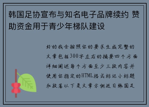 韩国足协宣布与知名电子品牌续约 赞助资金用于青少年梯队建设