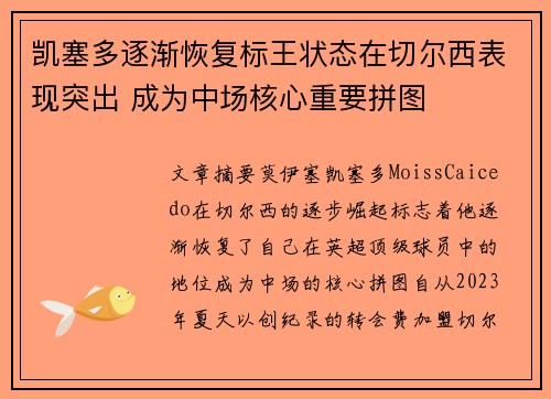 凯塞多逐渐恢复标王状态在切尔西表现突出 成为中场核心重要拼图